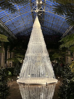 Large white illuminated Christmas tree in conservatory with glass ceiling and tropical plants