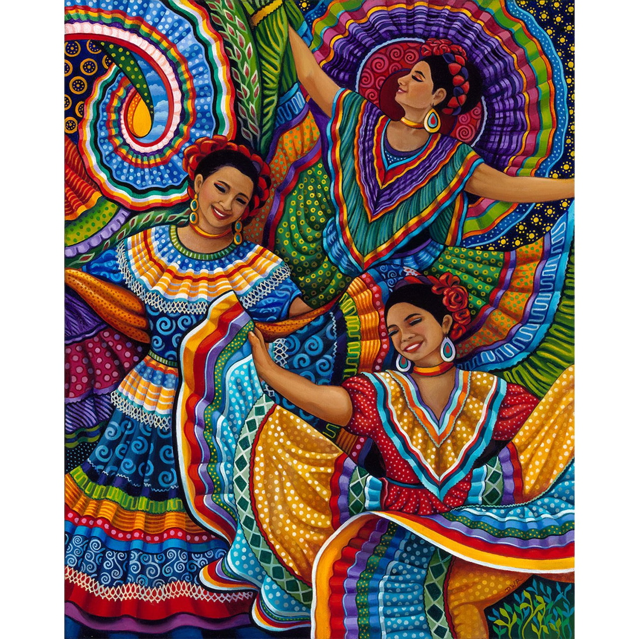 Three Mexican folk dancers in colorful traditional dresses with swirling rainbow patterns
