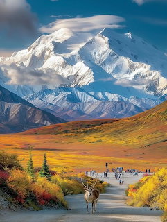 Denali mountain above autumn tundra with hikers on a trail and a caribou in the foreground