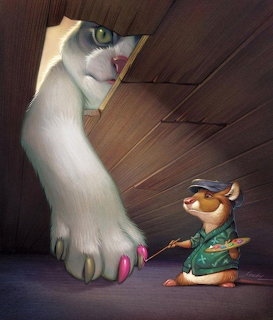 Illustration of a mouse artist with beret and palette facing a white cat paw reaching through floorboards