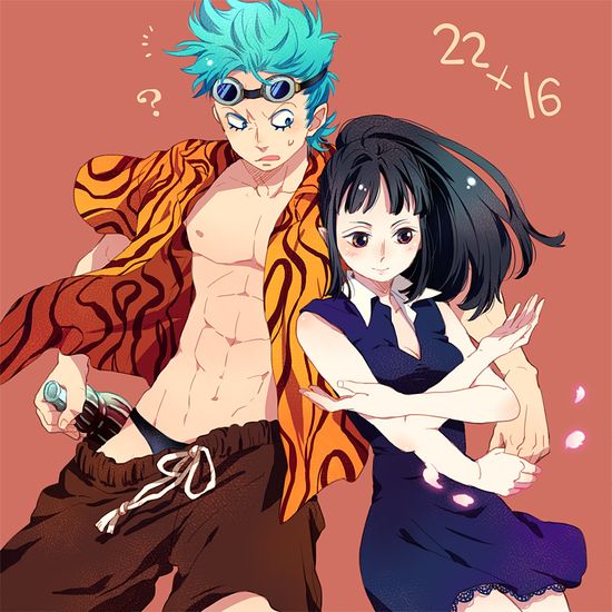 Anime characters Franky and Nico Robin from One Piece posing together