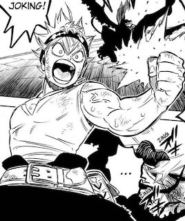 Manga panel of Asta from Black Clover screaming with muscular pose and action lines