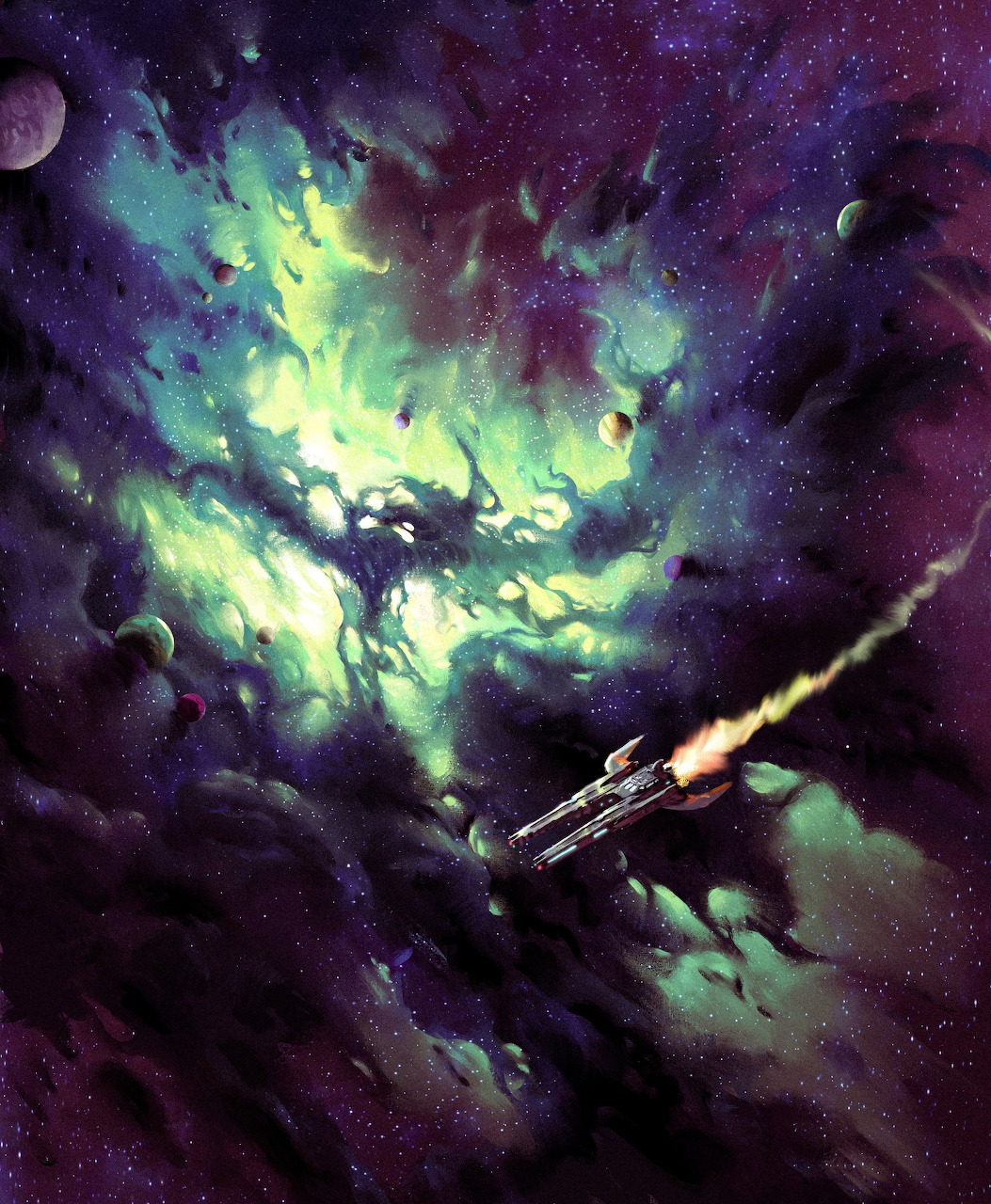 Glowing ethereal creature in purple space with planets and spacecraft