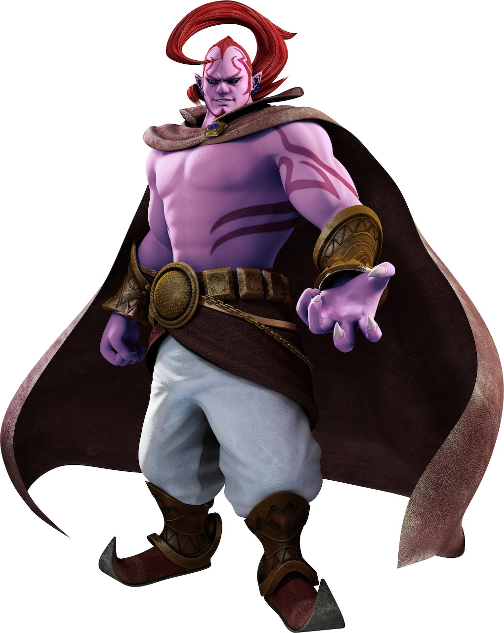 Stylized purple fantasy warrior character wearing a dark cape, white pants, and boots on a white background