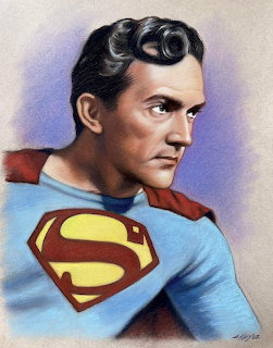 Colored pencil portrait of Kirk Alyn in classic Superman costume with S shield on chest