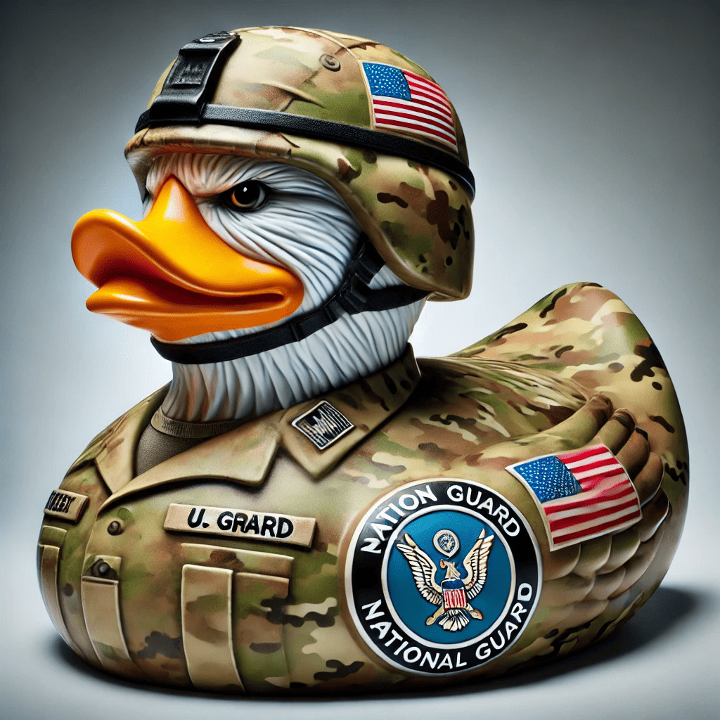 3D duck in camouflage uniform and helmet with U.S. flag and National Guard patches