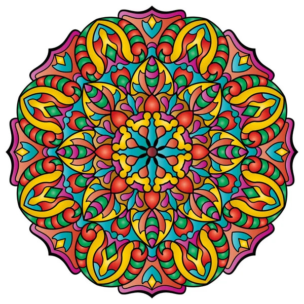 Vibrant circular mandala with symmetrical patterns in bright colors including yellow, red, turquoise and pink