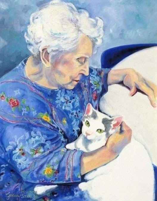 Elderly Woman with White Cat