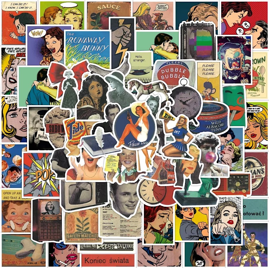 Collage of overlapping retro stickers with vintage pop culture images, advertisements, and nostalgic 50s-70s iconography