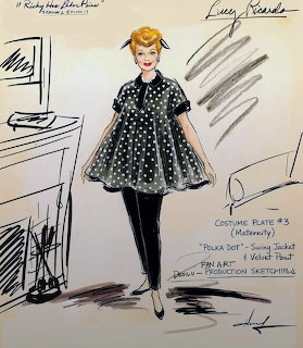 Vintage costume design sketch of a woman in a black polka dot dress and heels with handwritten annotations.