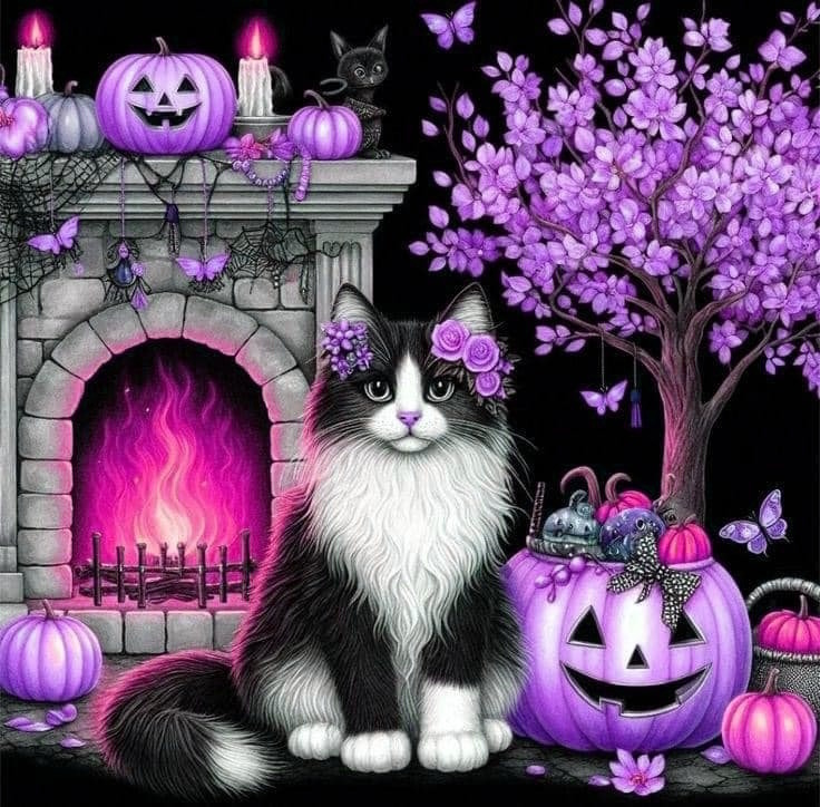 Halloween Cat with Purple Pumpkins