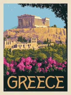 Vintage travel poster illustration of the Acropolis in Athens, Greece with pink flowers and green trees
