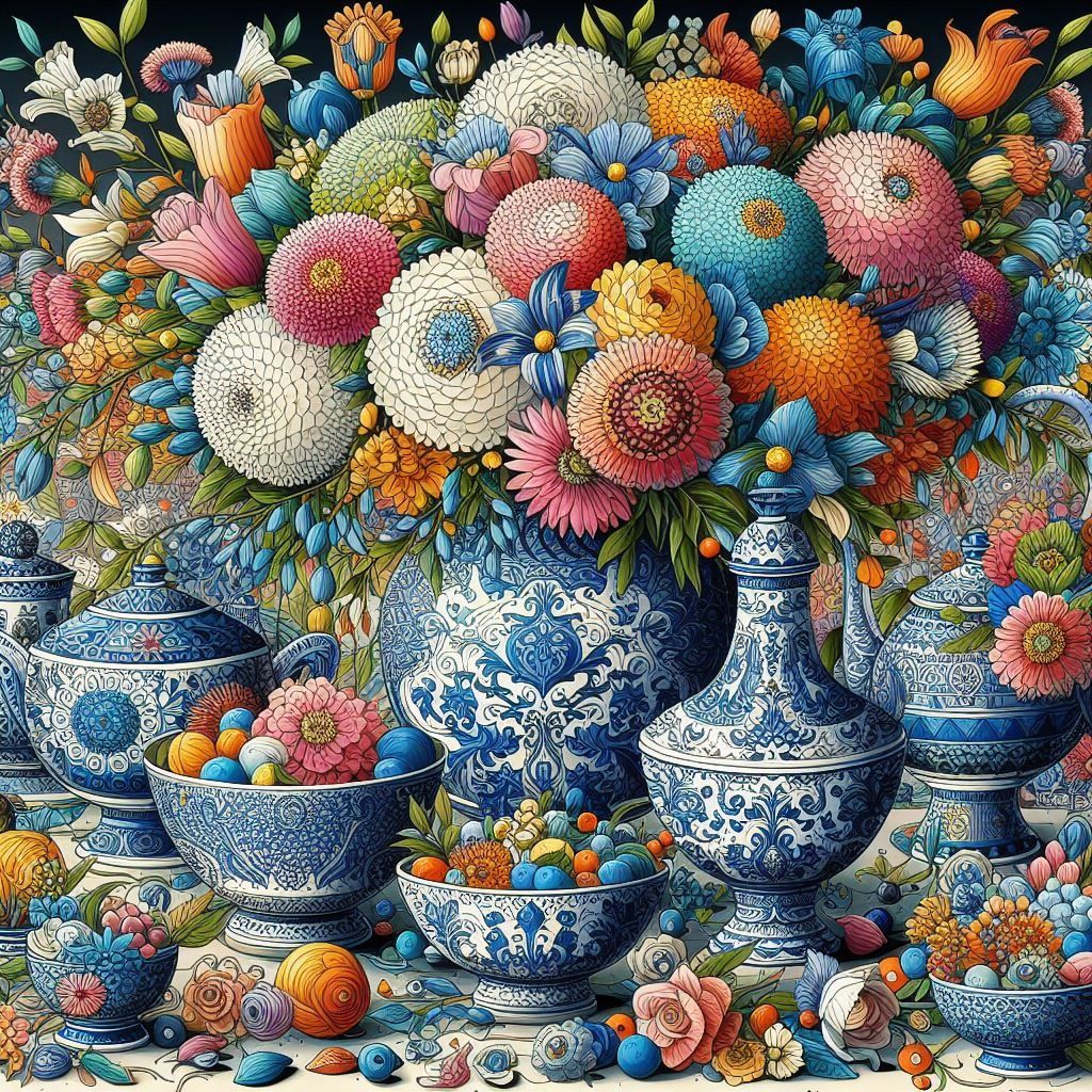 Blue and white Delft vases filled with colorful flowers and ornamental spheres