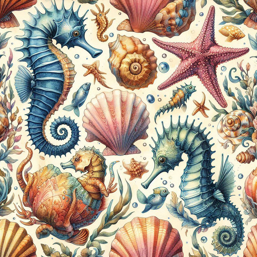 Vintage-style illustration of seahorses, shells, starfish, and fish in an ocean pattern