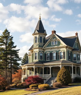 Victorian mansion with turret and wraparound porch on landscaped grounds