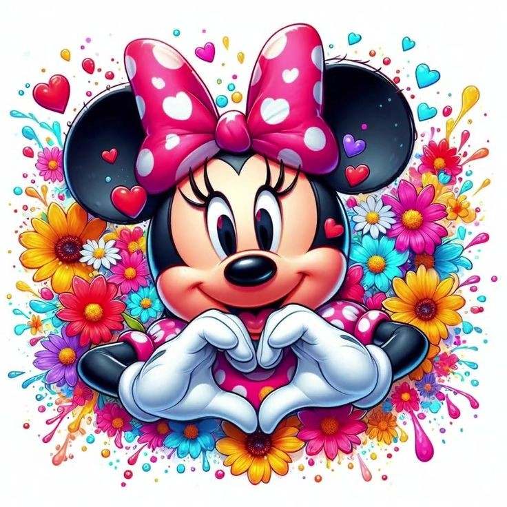Minnie Mouse with pink bow making heart gesture surrounded by vibrant flowers and splashes