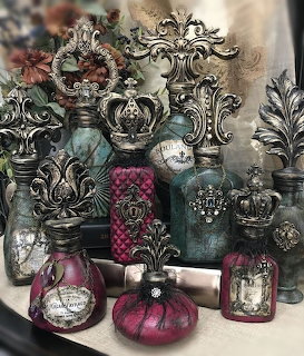 Illustrated still life of ornate vintage bottles with decorative silver finials in teal and pink tones