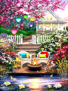 Painted cottage garden at evening with blooming pink tree, fire pit, lanterns, flowers, and pond with water lilies