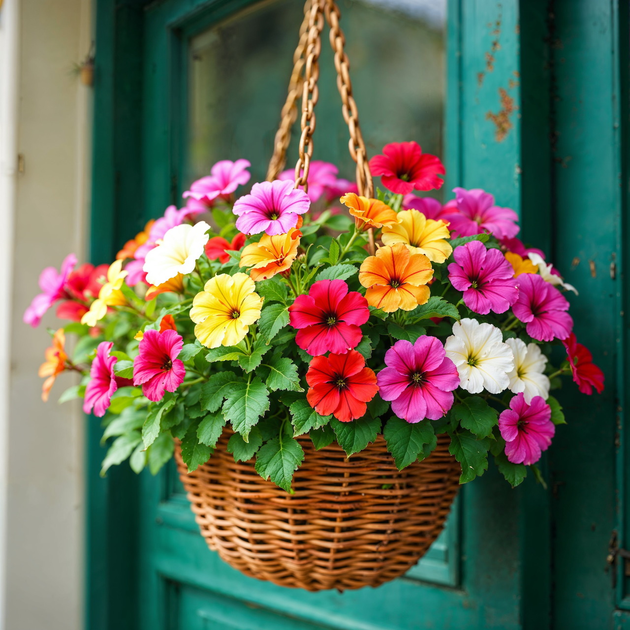 Hanging basket of colorful petunias against teal door