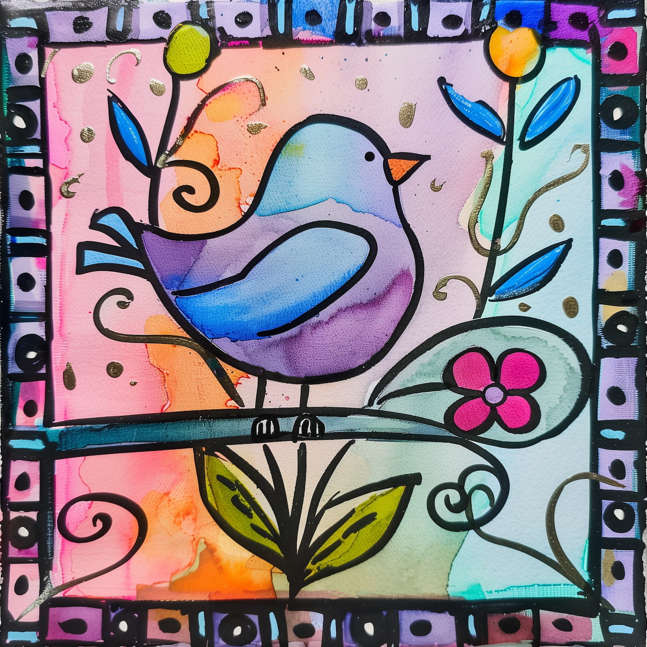 Colorful folk art bird with flowers and swirls in mosaic frame