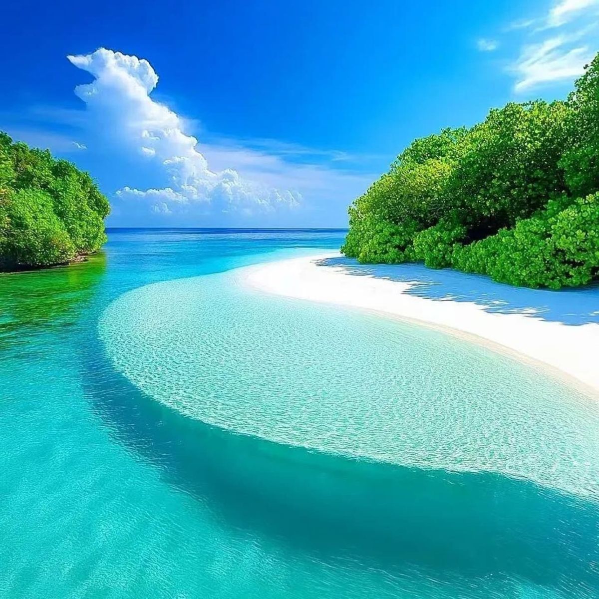 White sandbar curving through clear turquoise water with green tropical trees on both sides under blue sky