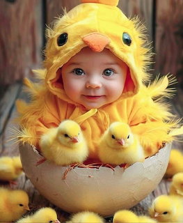 Baby in a yellow duck costume sitting in an eggshell with fluffy chicks around