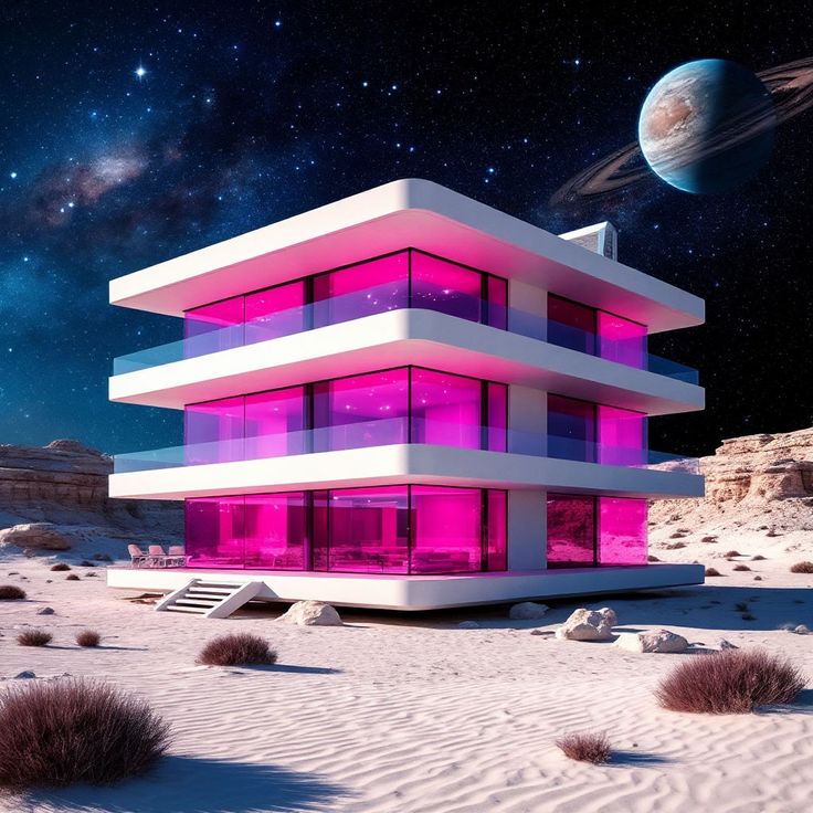 Futuristic magenta-lit house on a sandy alien world under stars and a ringed planet