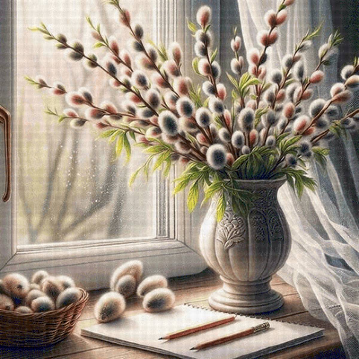Painting of pussy willow branches in a vase beside a sunny window with a basket of catkins on a table