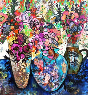 Mixed media painting of colorful floral bouquets in patterned vases with intricate decorative details