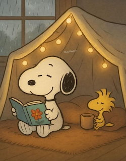 Snoopy and Woodstock sitting together in a blanket tent with lights, Snoopy holding an open book