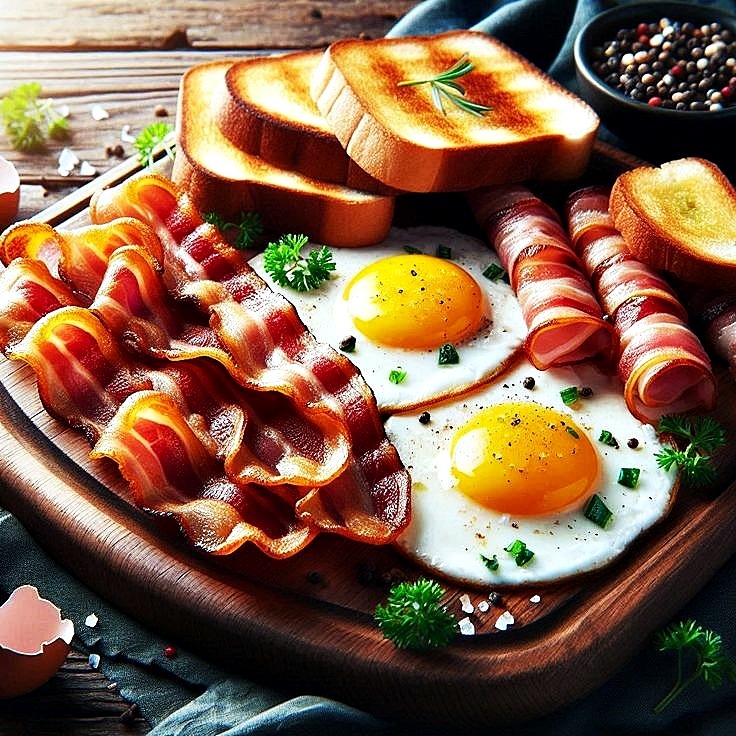 Wooden plate with fried eggs, bacon strips, sausages, and toast, garnished with parsley on rustic table