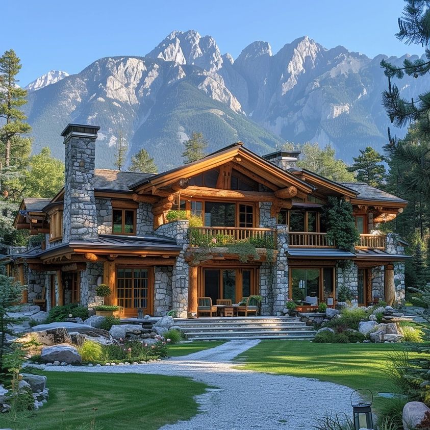 Large rustic mountain lodge with stone and timber construction beneath snowy peaks