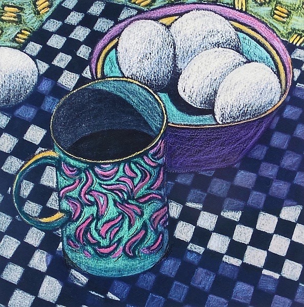 Still life painting of eggs in purple bowl and decorative coffee cup on checkered tablecloth