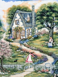 Whimsical cottage illustration with garden, picket fence, blooming trees, and two women in vintage clothing