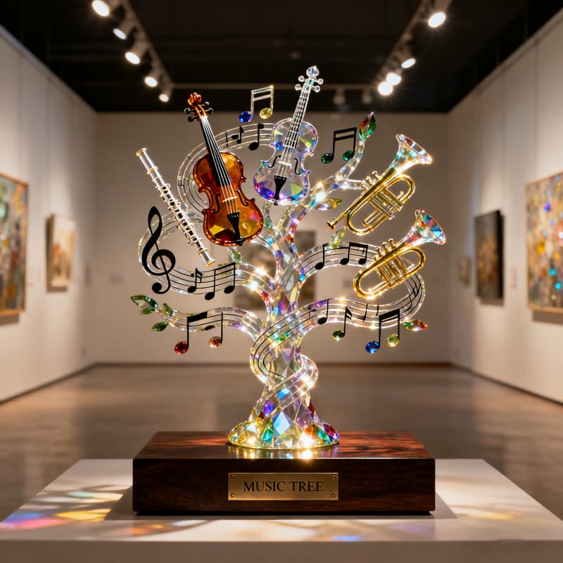 Colorful tree sculpture composed of musical instruments and notes displayed in an art gallery