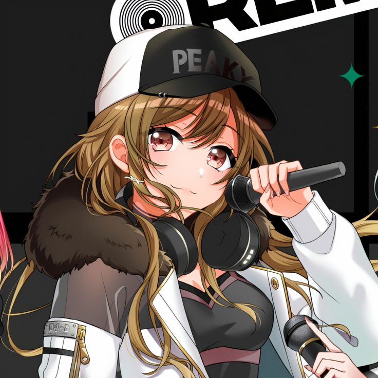Anime girl DJ with brown hair, black cap, headphones, and microphone on dark background