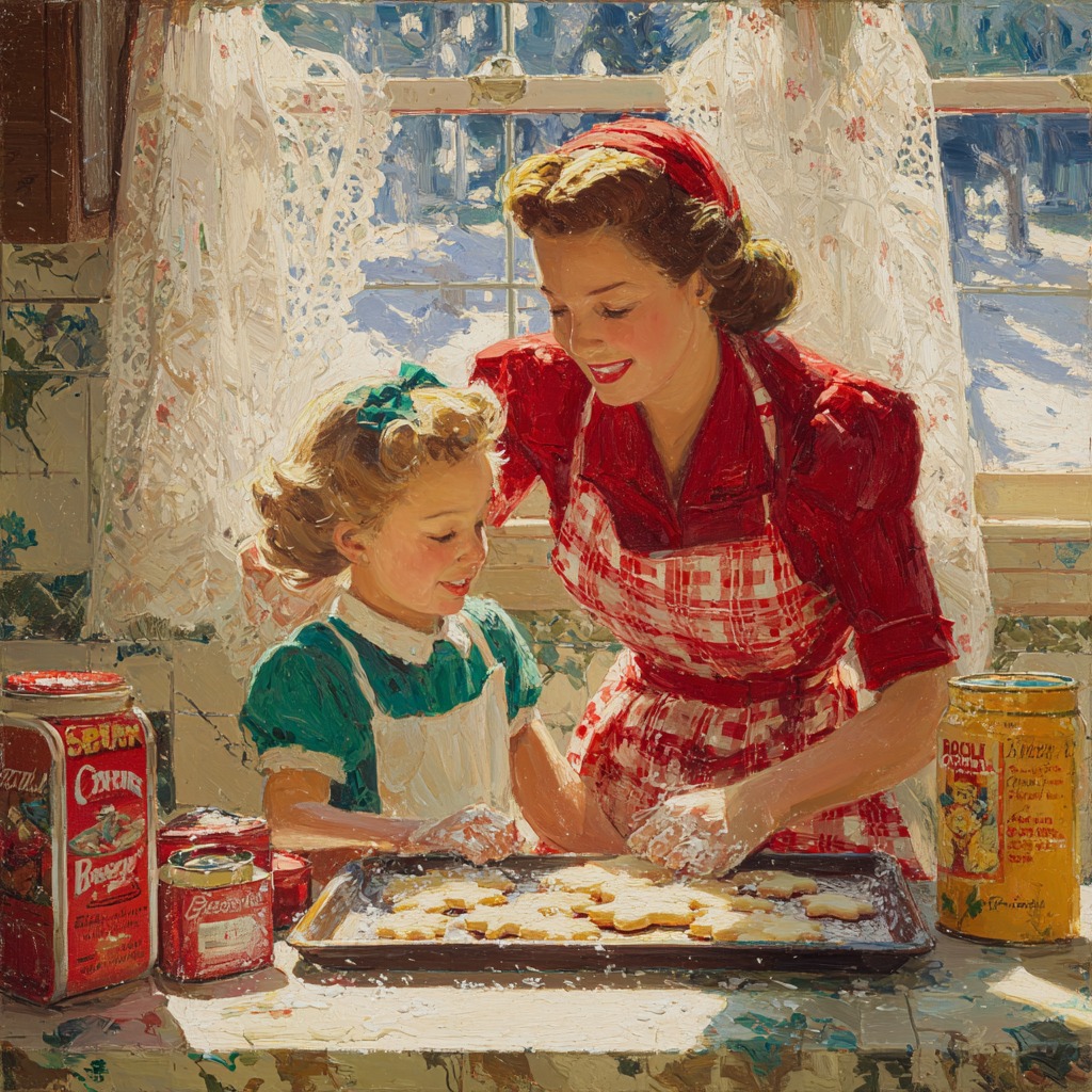 Mother and daughter in 1940s kitchen baking cookies together by window with winter scene outside