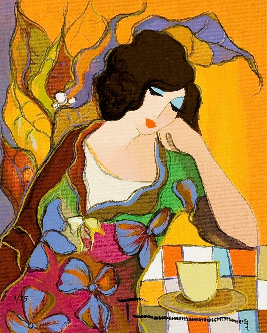 Stylized painting of woman with dark hair, flowers, and tea in warm colors with geometric background