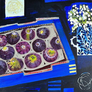 Still life painting with box of purple figs and blue delft pitcher with white flowers on blue tablecloth