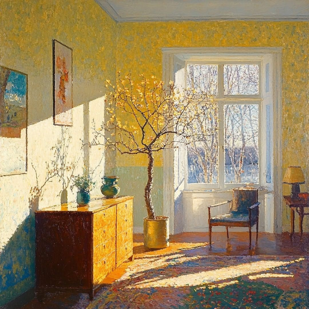 Sunlit room with yellow walls, French doors, wooden furniture, and decorative branches casting shadows on floor