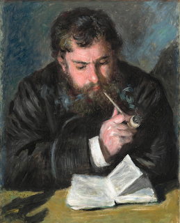 Impressionist painting of a bearded man smoking a pipe while reading a book