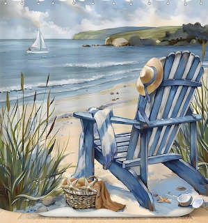 Blue and white striped Adirondack chair on sandy beach with straw hat, overlooking ocean with sailboat and distant hills
