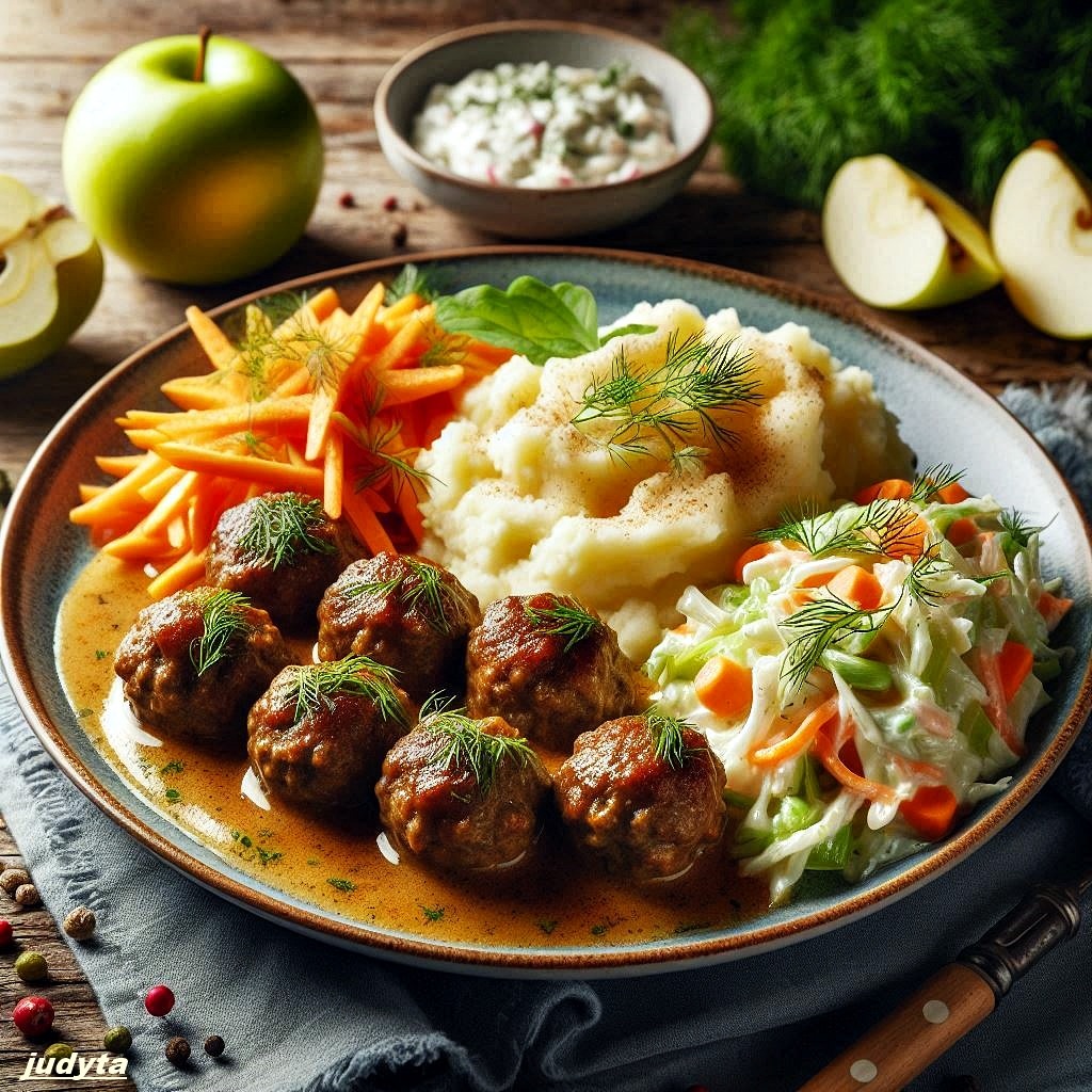 Plate of meatballs with mashed potatoes, vegetables, and apple garnish on rustic wooden table