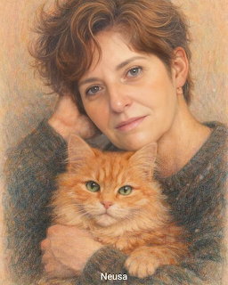 Colored pencil drawing of a woman with short auburn hair holding an orange tabby cat