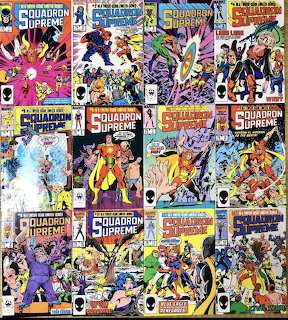 Grid of nine Squadron Supreme Marvel comic book covers with colorful superhero artwork