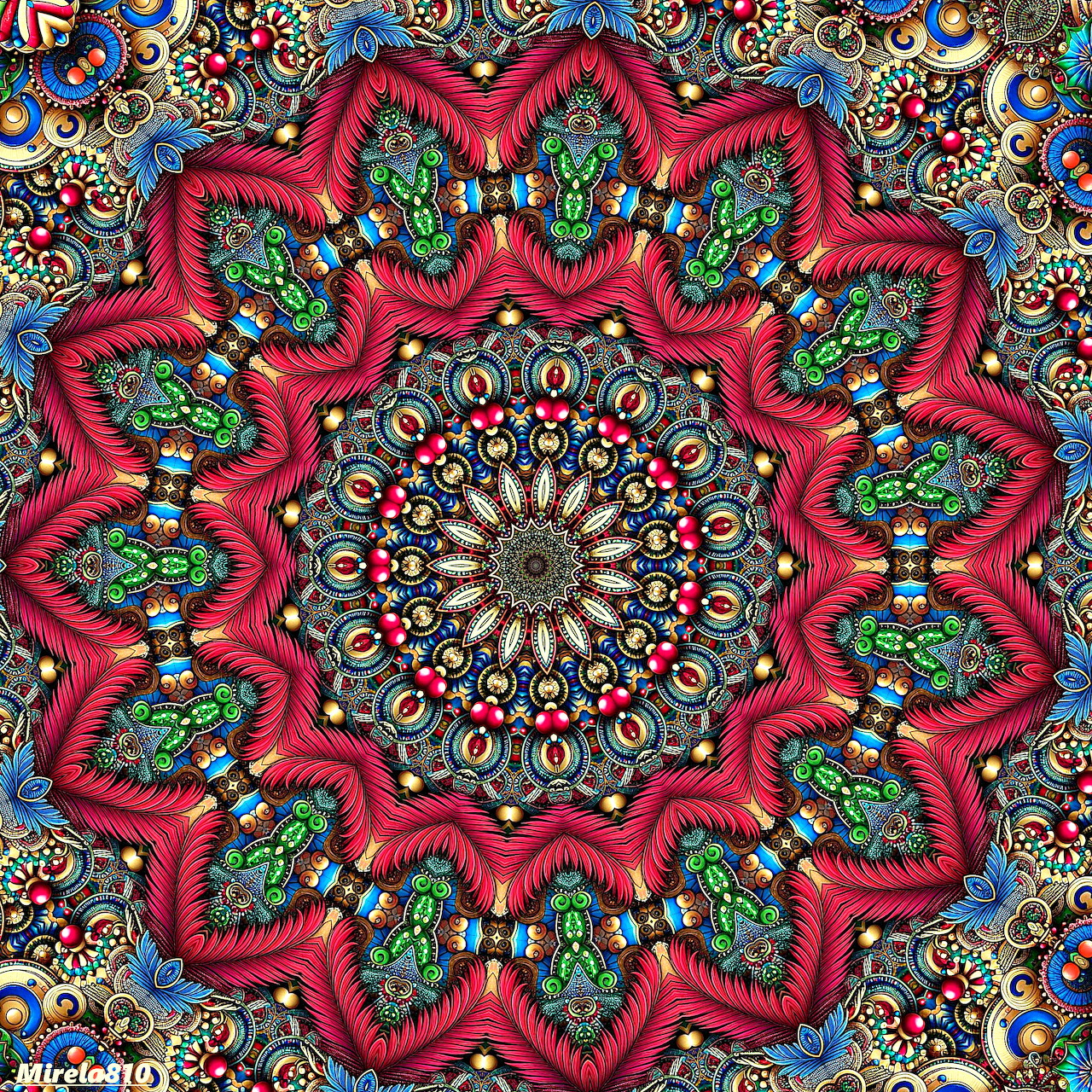 Colorful symmetrical mandala with red outer petals, green accents, and intricate geometric center on decorative background