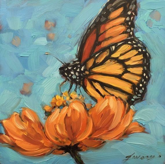 Painting of a monarch butterfly resting on an orange flower with a blue background