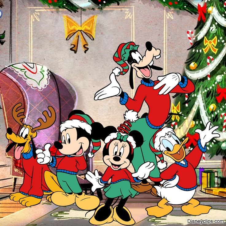 Mickey Mouse, Minnie, Donald Duck, Goofy and Pluto celebrating Christmas around a decorated tree