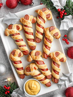 Sausages wrapped in pastry dough shaped like candy canes on a white plate with mustard and holiday decor