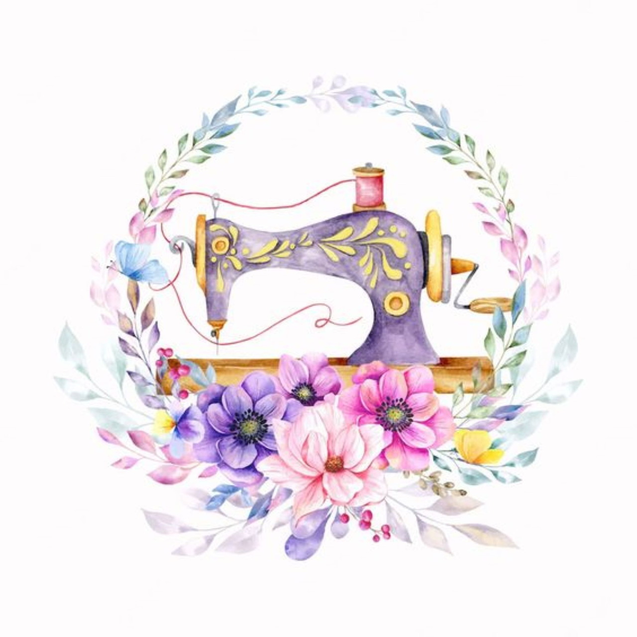 Watercolor sewing machine with floral wreath and pink purple flowers on white background